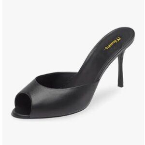 Milooey shoes Black Stiletto Heeled Slide Sandals Cute Peep Toe Slip On Mules